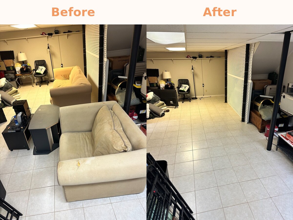 Before and after of a basement cleared of couches and clutter