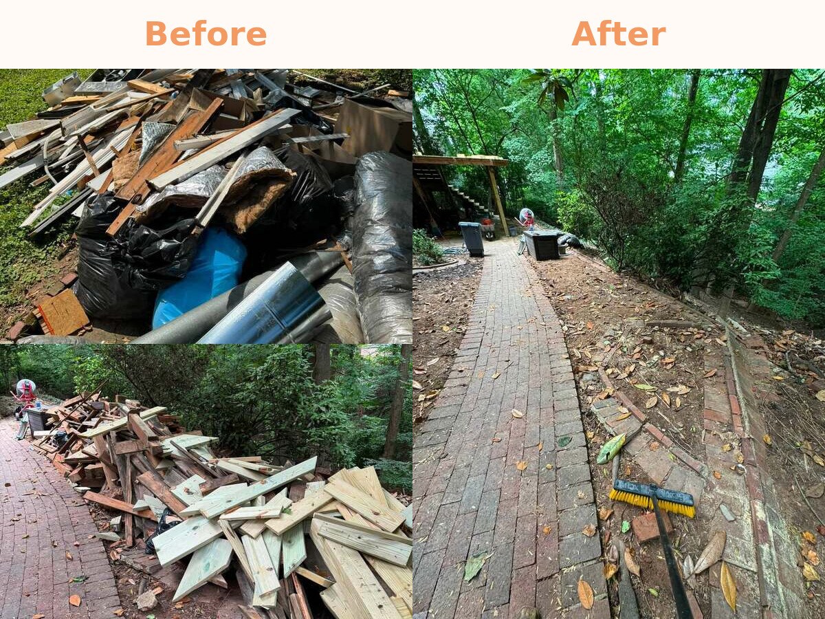 Before and after of wood and insulation debris cleared from a brick path