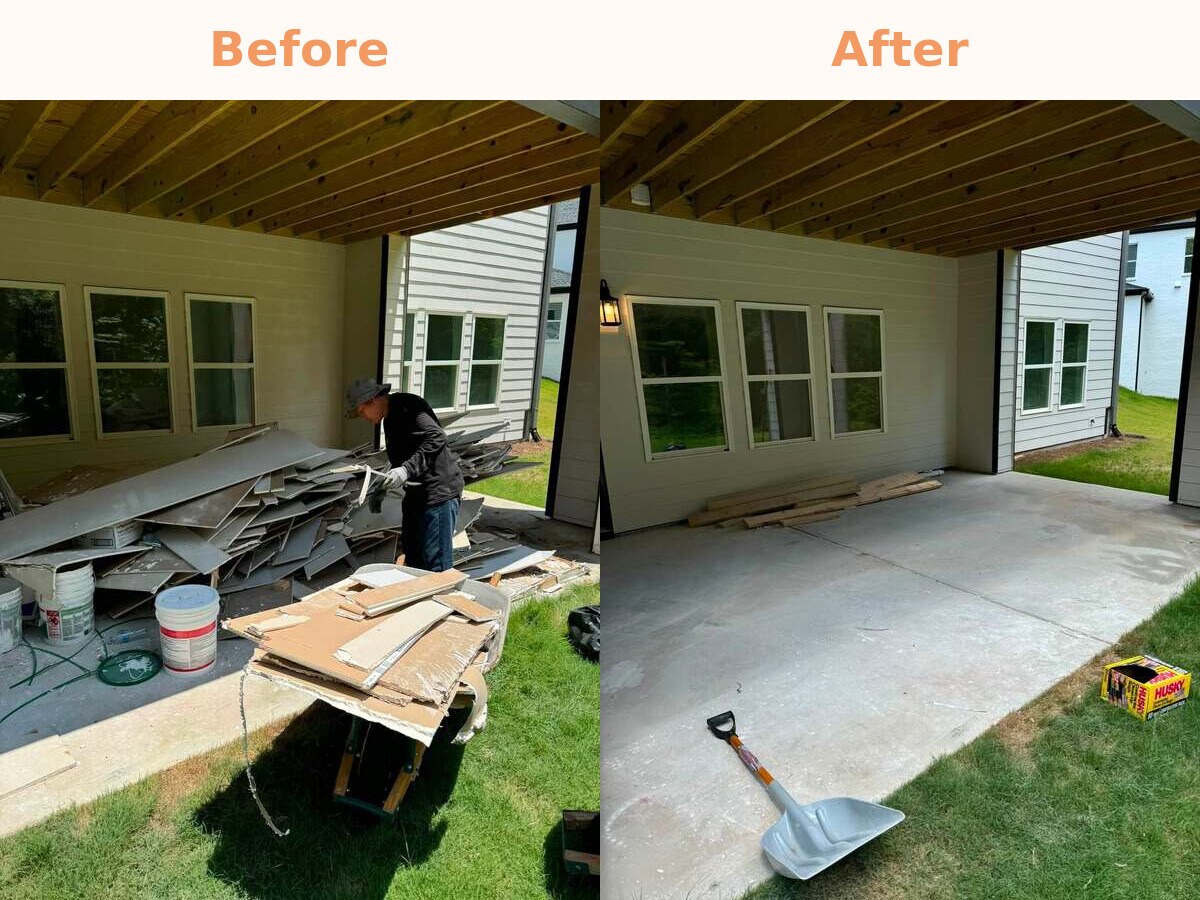 Before and after of drywall debris cleared from under a deck
