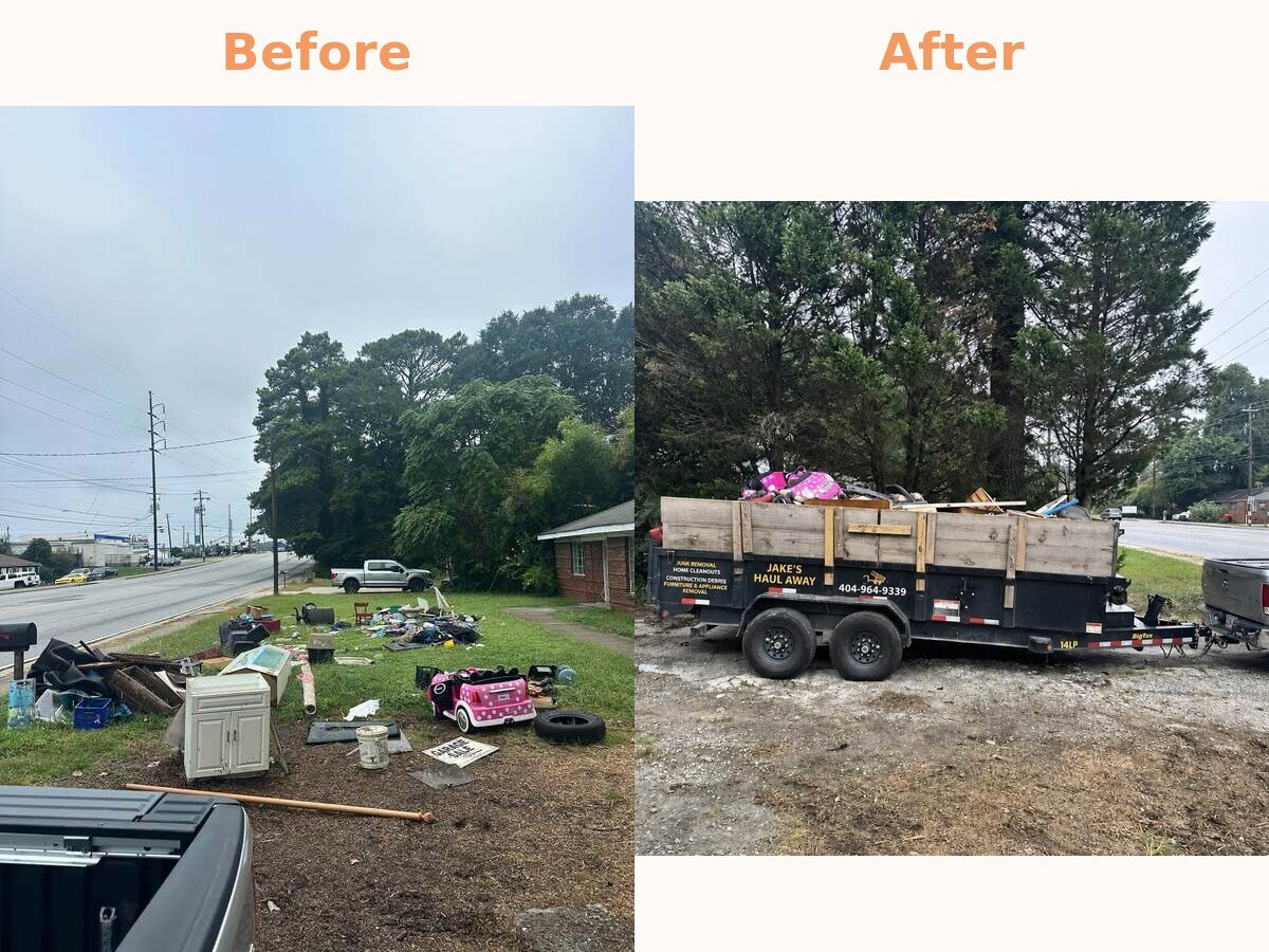 Before and after of junk hauled off a front yard onto a trailer
