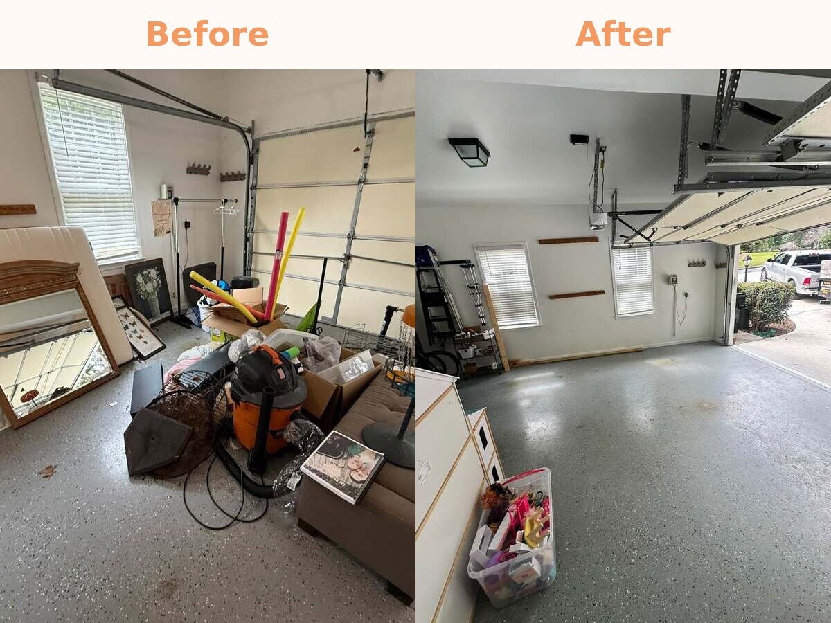 Before and after of a garage cleared of furniture and clutter