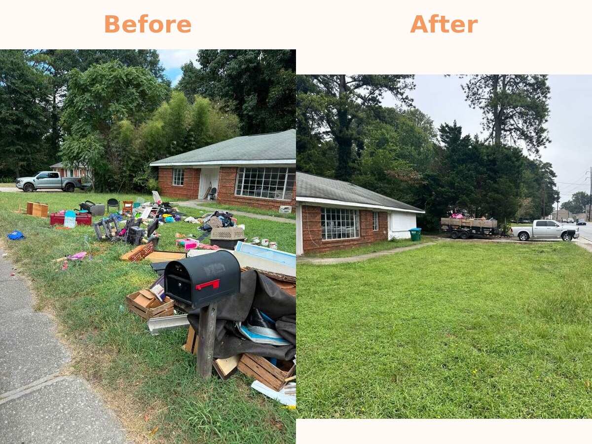 Before and after of junk cleared from a front lawn