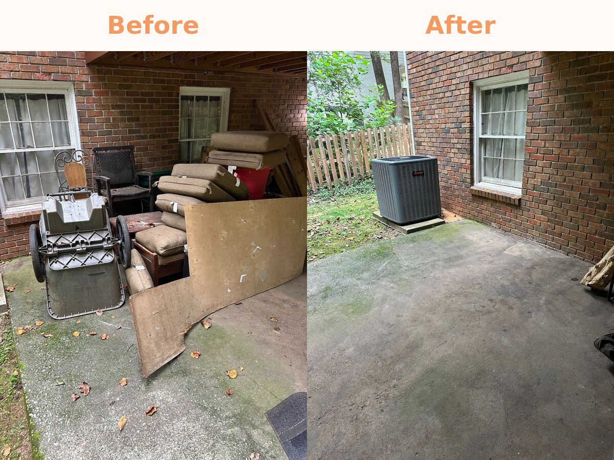 Before and after of a covered patio cleared of cushions and plywood