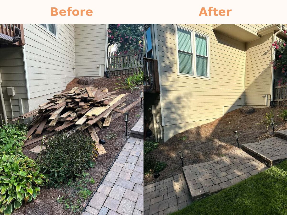 Before and after of a lumber pile removed from a side yard